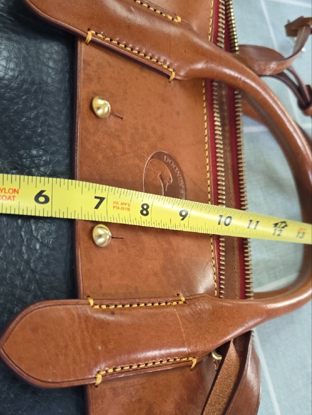 Dooney & Bourke Navy Pebbled Leather Satchel with Brown Trim - Picture 9 of 11